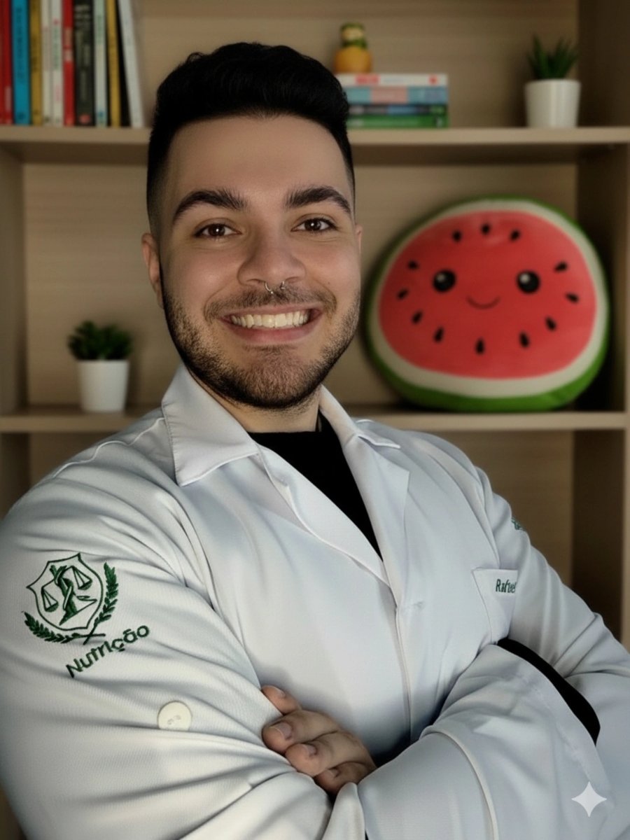 Rafael Ribeiro de braços cruzados, jaleco de nutricionista
